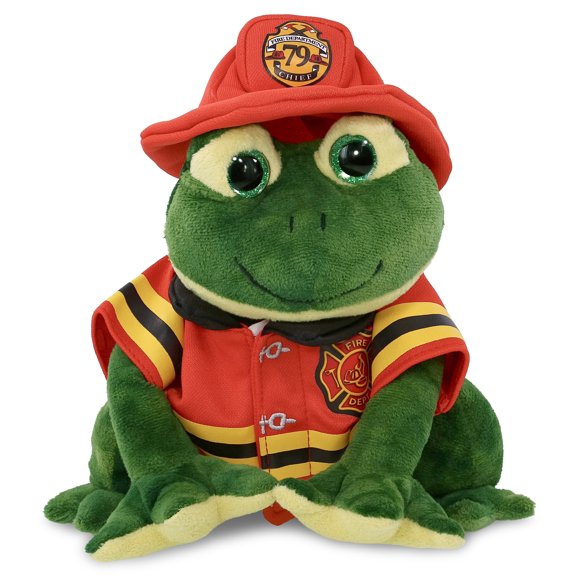 DolliBu Squat Frog Firefighter Stuffed Animal - Super Soft Frog Fireman Toy with Red Fireman Costume Outfit and Fireman Hat, Cute Farm Life Animal Fire Fighter Doll Plush Toy for Kids - 10.5 Inch
