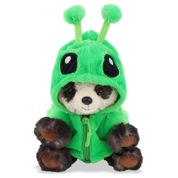 DolliBu Squat Panda Plush with Green Alien Hoodie Jacket - Space Themed Panda Toy, Fluffy Stuffed Animal with Alien Jacket - 10 Inches