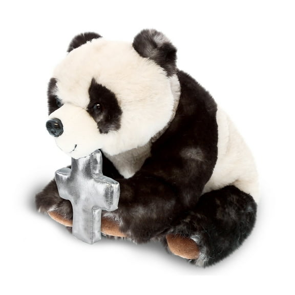 DolliBu Squat Panda Stuffed Animal with Silver Cross Plush Religious Baptism Gifts for Boys and Girls, Dedication Christening Gifts Plush Prayer Toy Healing Stuffed Animal - 7 Inches