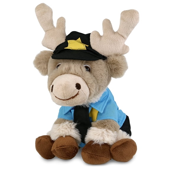 DolliBu Squat Reindeer Police Officer Plush Toy – Super Soft Reindeer Cop Stuffed Animal Dress Up Cop Uniform and Cap Outfit, Fluffy Reindeer Policeman Toy Plush Gift for Kids – 8.5 Inches