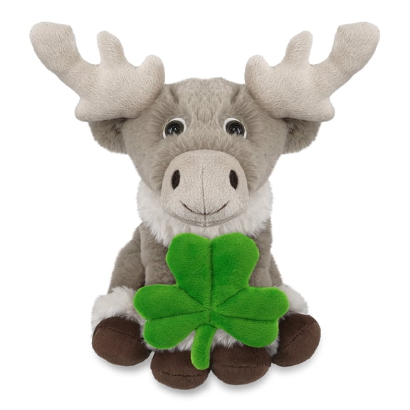 DolliBu Squat Reindeer Stuffed Animal with Green Plush Shamrock, Cute Green Shamrock Plush, Fun St Patricks Day Stuffed Animal Reindeer, Good Luck St Patricks Day Toys for Kids, Baby - 8.5 Inches