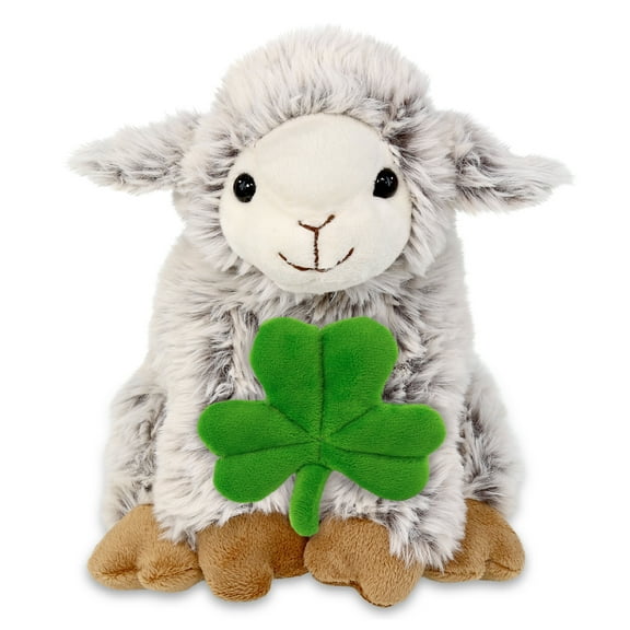 DolliBu Squat Sheep Stuffed Animal with Green Plush Shamrock, Cute Green Shamrock Plush, Fun St Patricks Day Stuffed Animal Sheep, Good Luck St Patricks Day Toys for Kids, Baby - 9.5 Inches