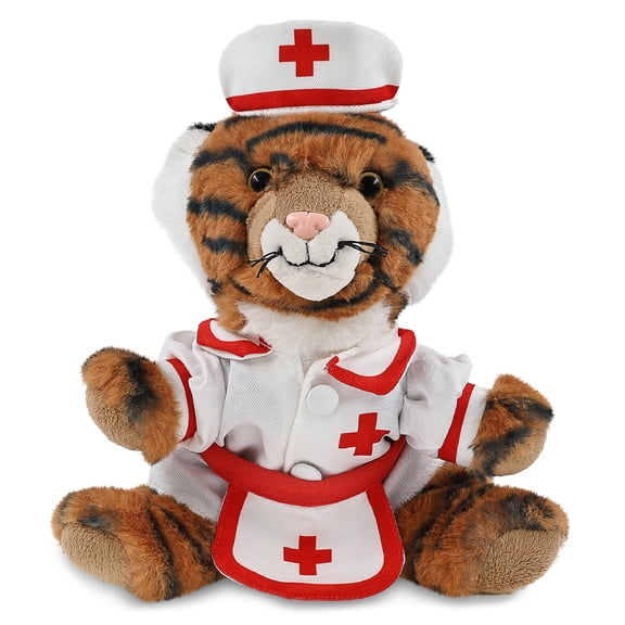 DolliBu Squat Tiger Plush with Nurse Stuffed Animal Dress Up Set - Hospital Costume Tiger Stuffed Toy with Nurse Dress, Hat, and Apron, Get Well Plush for Kids and Adults - 8 Inches