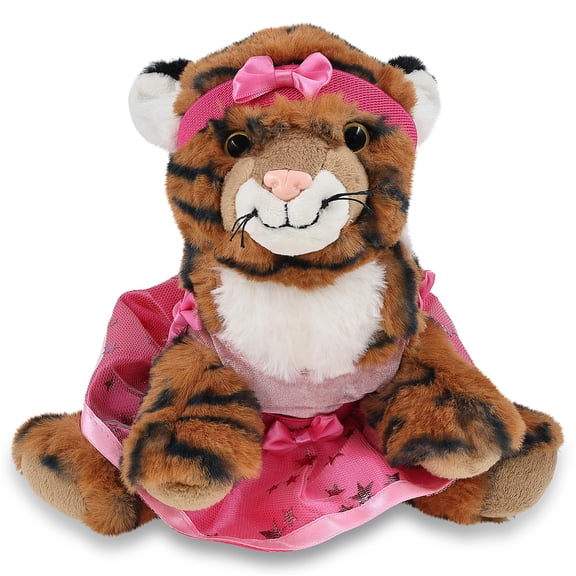 DolliBu Squat Tiger Stuffed Animal with Ballerina Dress Up Set - Cute Tiger Plush Toy in Ballet Costume with Tutu Skirt, Headband, and Shirt for Kids and Adults - 8 Inches