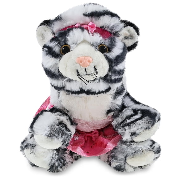 DolliBu Squat White Tiger Stuffed Animal with Ballerina Dress Up Set - Cute Tiger Plush Toy in Ballet Costume with Tutu Skirt, Headband, and Shirt for Kids and Adults - 8 Inches