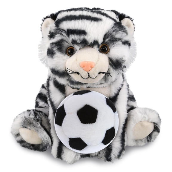 DolliBu Squat White Tiger Stuffed Animal with Soccer Ball Plush - Soft Huggable Tiger, Adorable Playtime Plush Toy, Cute Wild Life Gift, Super Soft Plush Doll Animal Toy for Kids and Adults - 8 Inch