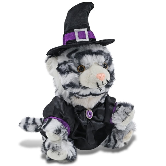 DolliBu Squat White Tiger Stuffed Animal with Witch Costume - Cute Wildlife Animal with Black Cloak and Witch Hat Outfit - Spooky Halloween Plush Toy for Kids - 8 Inches