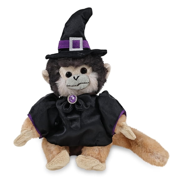 DolliBu Squirrel Monkey Stuffed Animal with Witch Costume - Cute Wildlife Animal with Black Cloak and Witch Hat Outfit - Spooky Halloween Plush Toy for Kids - 12.5 Inches