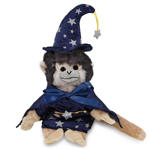 DolliBu Squirrel Monkey Stuffed Animal with Wizard Costume - Cute Wildlife Plush Toy with Magical Dress Up Set Blue Cape and Wizard Hat with Silver Stars - 12.5 Inches
