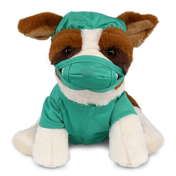 DolliBu St. Bernard Dog Doctor Plush Toy - Super Soft Dog Doctor Stuffed Animal Dress Up with Cute Scrub Uniform and Cap Outfit - Fluffy Doctor Toy Plush Gift - 8 Inches
