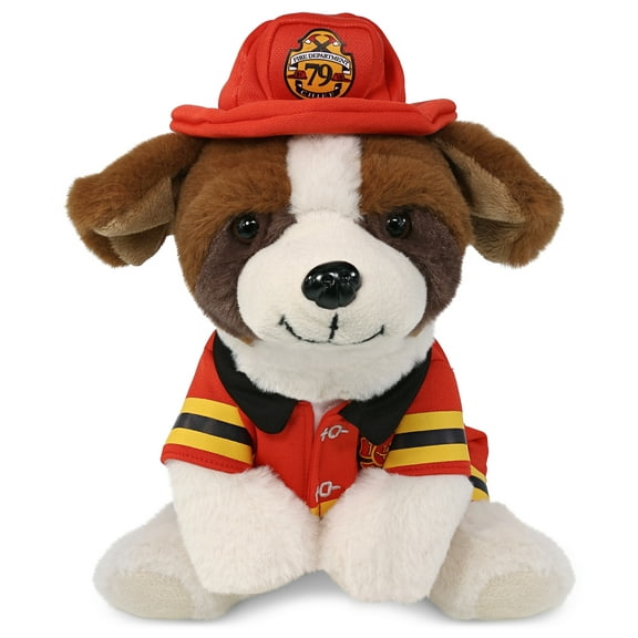 DolliBu St. Bernard Dog Firefighter Stuffed Animal - Super Soft Dog Fireman Toy with Red Fireman Costume Outfit and Fireman Hat, Pet Life Stuffed Animal Fire Fighter Doll Plush Toy for Kids - 8 Inch