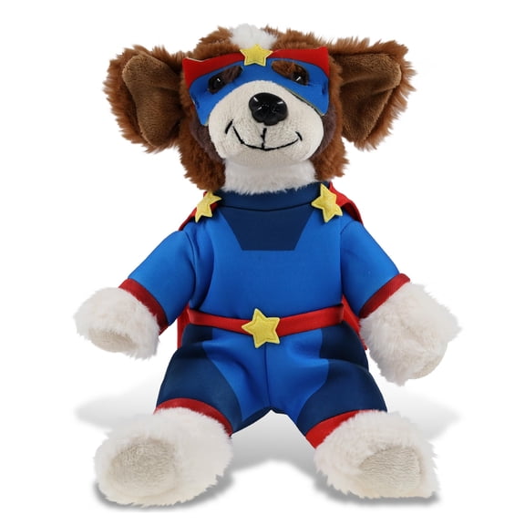 DolliBu St. Bernard Dog Plush Stuffed Animal with Superhero Costume - Cute Pet Life Toy with Red Cape Blue Suit, Eye Mask - Super Hero Adventure Plush for Kids - 8 Inches