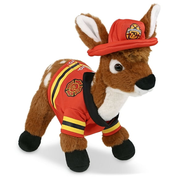 DolliBu Standing Deer Firefighter Stuffed Animal - Deer Fireman Toy with Red Fireman Costume Outfit and Fireman Hat, Cute Wild Life Stuffed Animal Fire Fighter Doll Plush Toy for Kids - 12.5 Inch