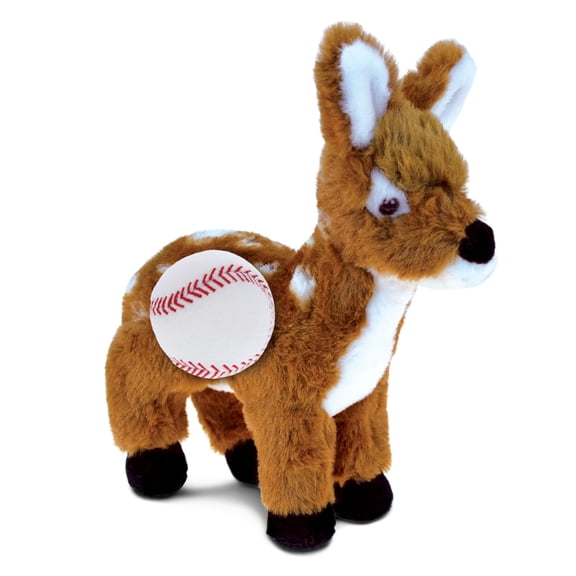DolliBu Standing Deer Stuffed Animal with Baseball Plush - Soft, Huggable Deer, Great Gifts for Kids Who Love Baseball, Cute Wild Life Animal Plush with Plush Baseball Toy for Kids, Adults - 10 Inches