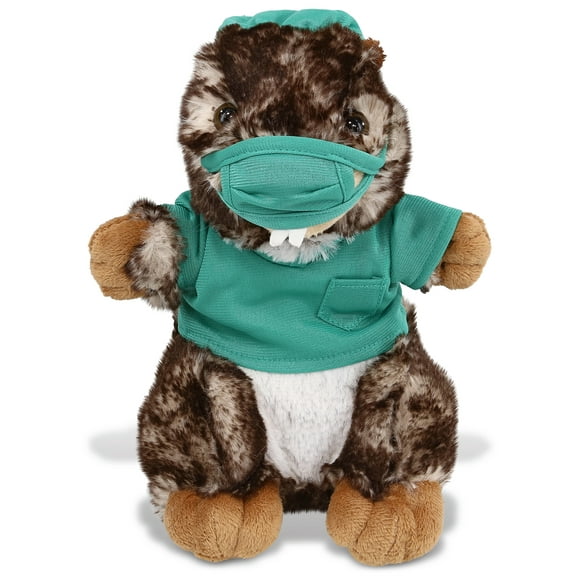 DolliBu Standing Marmot Doctor Plush Toy - Super Soft Marmot Doctor Stuffed Animal Dress Up with Cute Scrub Uniform and Cap Outfit - Fluffy Doctor Toy Plush Gift - 8.5 Inches