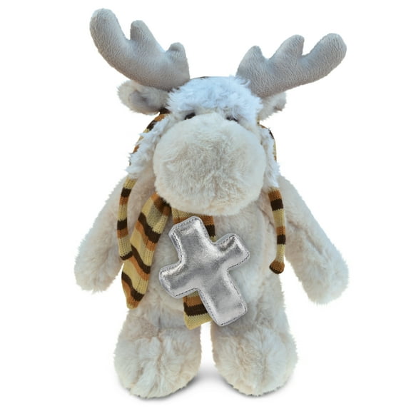 DolliBu Standing Moose with Clothes Stuffed Animal with Silver Cross Plush - Religious Baby Baptism Gifts for Boys and Girls, Dedication Christening Gifts Plush Prayer Toy Teddy Bear - 11 Inches