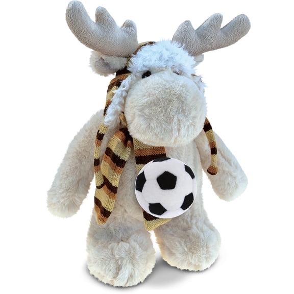 DolliBu Standing Moose with Clothes Stuffed Animal with Soccer Ball Plush - Soft Huggable Moose Playtime Plush Toy, Wild Life Gift, Super Soft Plush Doll Animal Toy for Kids and Adults - 13.5 Inches