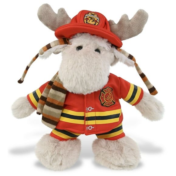 DolliBu Standing Moose Firefighter Stuffed Animal - Moose Fireman Toy with Red Fireman Costume Outfit and Fireman Hat, Cute Wild Life Stuffed Animal Fire Fighter Doll Plush Toy for Kids - 15 Inch