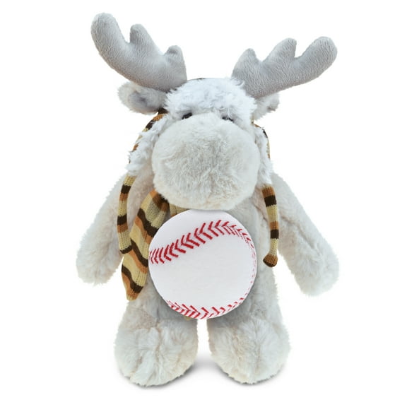 DolliBu Standing Moose Stuffed Animal with Baseball Plush - Soft, Huggable Moose, Great Gifts for Kids Who Love Baseball, Cute Wild Animal Plush with Plush Baseball Toy for Kids, Adults - 13.5 Inches