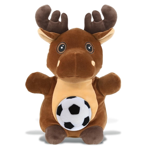 DolliBu Standing Moose Stuffed Animal with Soccer Ball Plush - Soft and Huggable Moose, Adorable Playtime Plush Toy, Cute Wild Life Gift, Super Soft Stuffed Doll Animal Toy for Kids, Adults - 10 Inch
