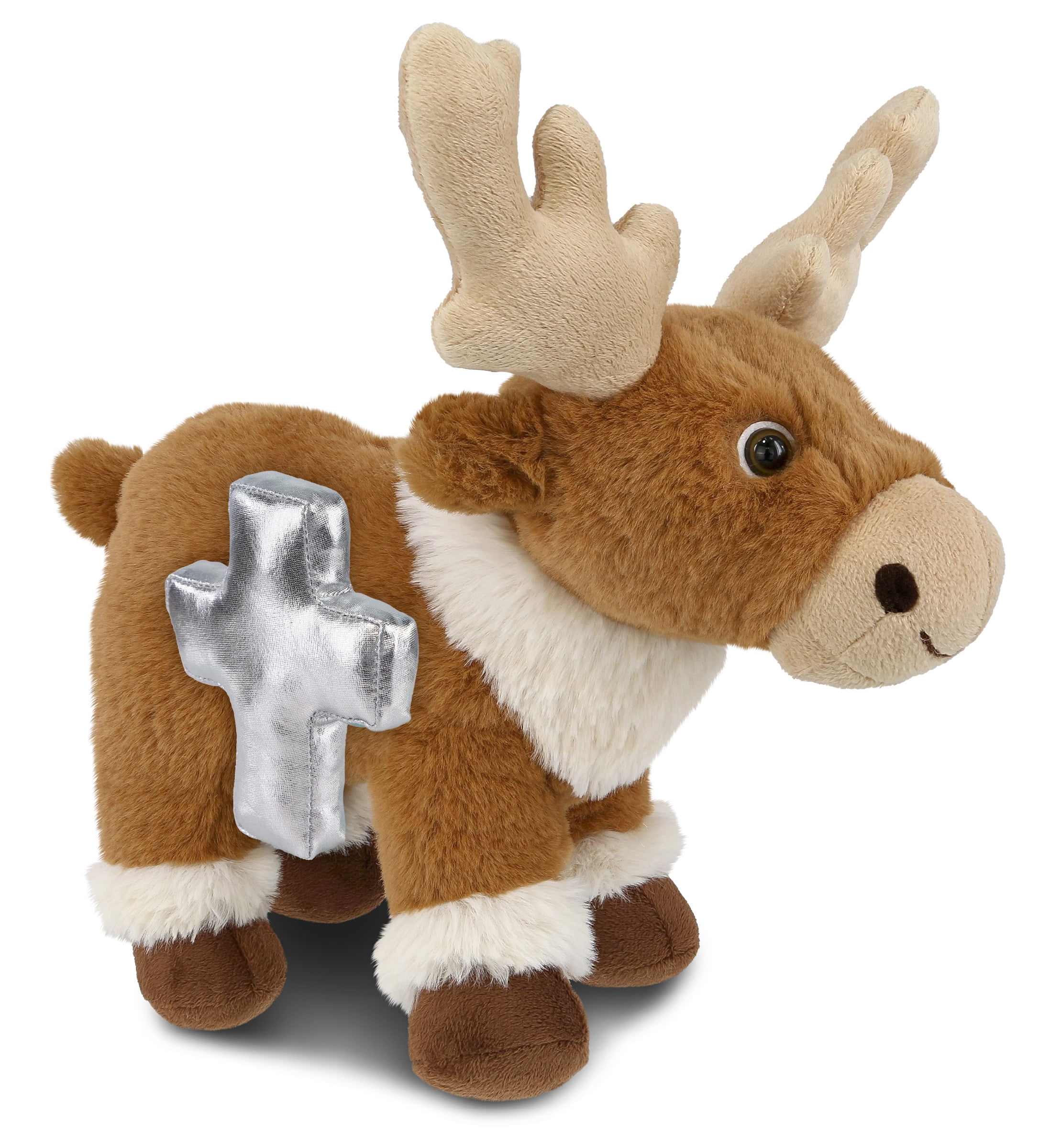 DolliBu Standing Reindeer Stuffed Animal with Silver Cross Plush – Religious Baptism Gifts for Boys and Girls, Dedication Christening Gifts Plush Prayer Toy Healing Stuffed Animal - 11 Inches
