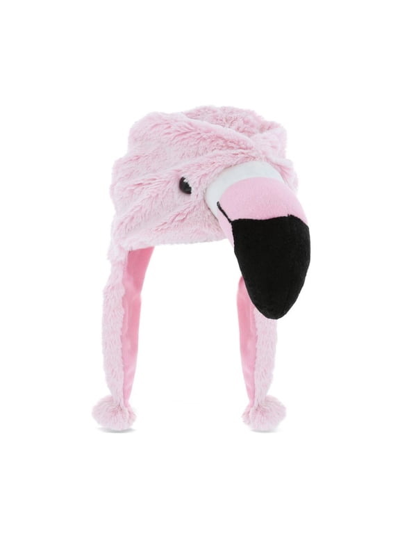 Pink Flamingo Plush Hat - Cute Tropical Bird Flamingo Costume Funny Hat with Ear Flaps with Cozy Fleece, Novelty Hats for Kids, Teens, and Adults - One Size