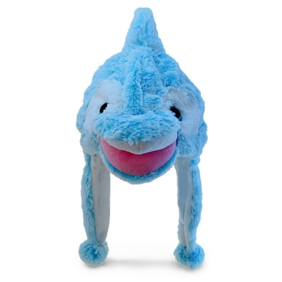 DolliBu Stuffed Dolphin Plush Animal Hat - Cute Kids Hat With Ear Flaps, Novelty Beanie Winter Hat, Winter Animal Hats For Kids with Soft and Warm Cozy Fleece, Crazy Hat for Girls and Boys - One Size