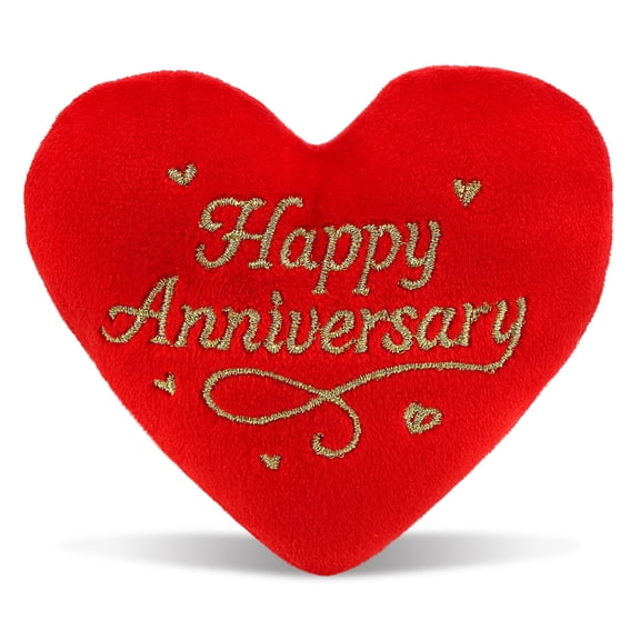 DolliBu Stuffed Happy Anniversary Red Heart Plush - Romantic Anniversary Gift for Wife or Husband, Cushion Heart Shaped Plush Stuffed Toy for Room Decor or Gift Basket Add-Ons - 4 Inches