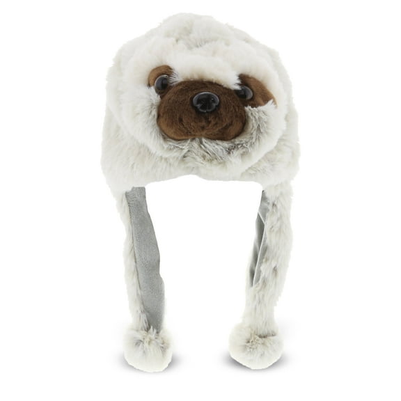 DolliBu Sloth Plush Hat with Ear Flaps - Plush Sloth Costume Hat for Kids and Adults, Cute Animal Beanie, Funny Crazy Hats, Animal Hats for Women and Men, Ideal Costume Accessory - One Size