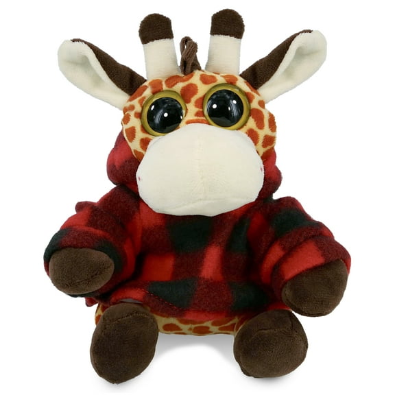 DolliBu Super Soft Big Eye Giraffe Stuffed Animal with Plaid Red Hoodie Sweater - Cute Giraffe Plush Lumberjack Stuffed Toy with Plaid Jacket Dress Up for Christmas, Holiday, Winter - 6 Inches