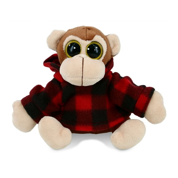 DolliBu Super Soft Big Eye Monkey Stuffed Animal with Plaid Red Hoodie Sweater - Cute Monkey Plush Lumberjack Stuffed Toy with Plaid Jacket Dress Up for Christmas, Holiday, Winter - 6 Inches