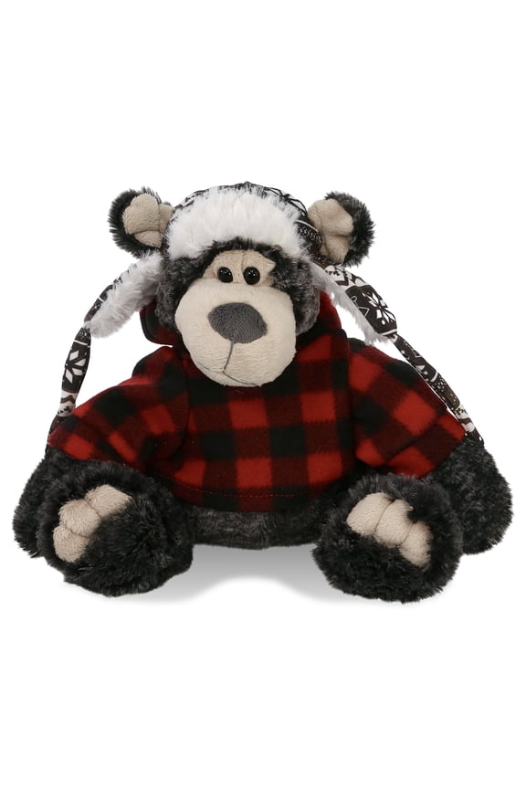 Super Soft Black Bear with Clothes Stuffed Animal and Plaid Red Hoodie Sweater - Cute Bear Plush Lumberjack Stuffed Toy with Plaid Jacket Dress Up for Christmas, Holiday, Winter - 12.5 Inches