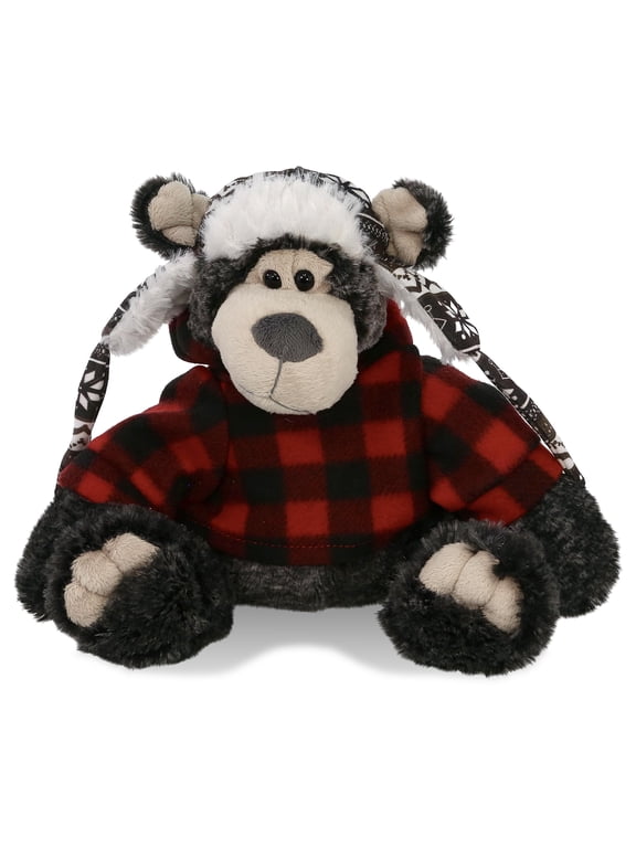 Super Soft Black Bear with Clothes Stuffed Animal and Plaid Red Hoodie Sweater - Cute Bear Plush Lumberjack Stuffed Toy with Plaid Jacket Dress Up for Christmas, Holiday, Winter - 12.5 Inches
