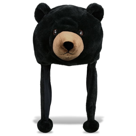 DolliBu Super Soft Black Bear Plush Hat - Winter Hat with Ear Flaps, Animal Hat Costume for Boys and Girls, Bear Hat Costume for Halloween, Cosplay Parties, Crazy Beanie Hat for Kids, Teens, Adults