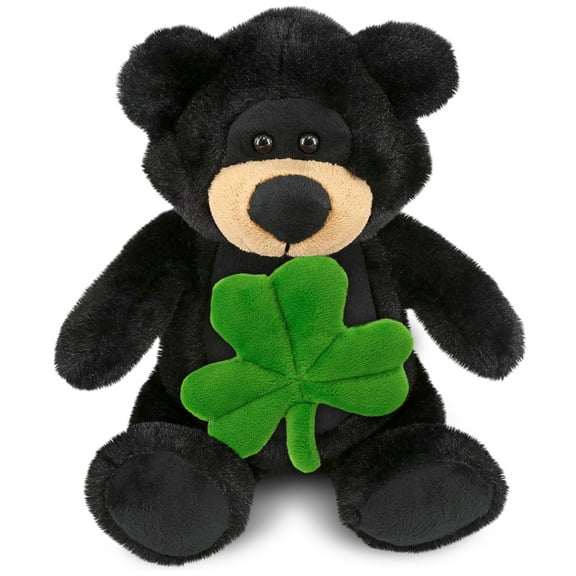 DolliBu Super Soft Black Bear Stuffed Animal with Green Plush Shamrock, Cute Green Shamrock Plush, Fun St Patricks Day Stuffed Animal Black Bear, Good Luck St Patricks Day Toys for Kids, Baby - 9 Inch