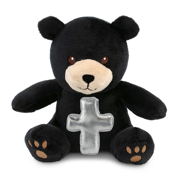 DolliBu Super Soft Black Bear Stuffed Animal with Silver Cross Plush - Religious Baptism Gifts for Boys and Girls, Dedication Christening Gifts Plush Prayer Toy Healing Stuffed Animal - 6 Inches