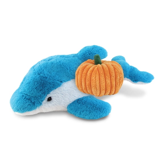 DolliBu Super Soft Blue Dolphin Stuffed Animal with Pumpkin Plush Decor - Dolphin Pumpkin Plush Animal for Fall, Halloween and Thanksgiving, Pumpkin Plush Toy for Baby, Kids, Adults - 18 Inches