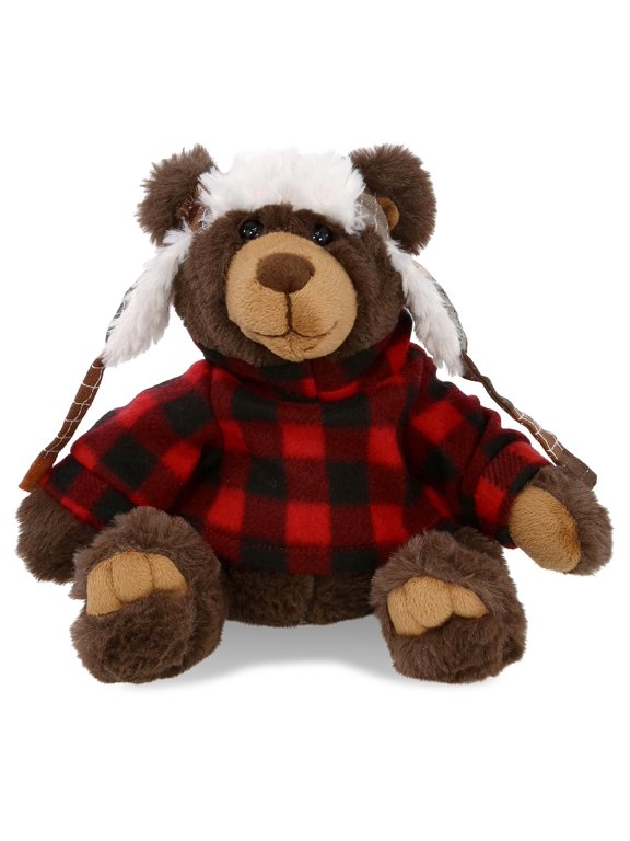 Super Soft Brown Bear with Clothes Stuffed Animal and Plaid Red Hoodie Sweater - Cute Bear Plush Lumberjack Stuffed Toy with Plaid Jacket Dress Up for Christmas, Holiday, Winter - 11 Inches