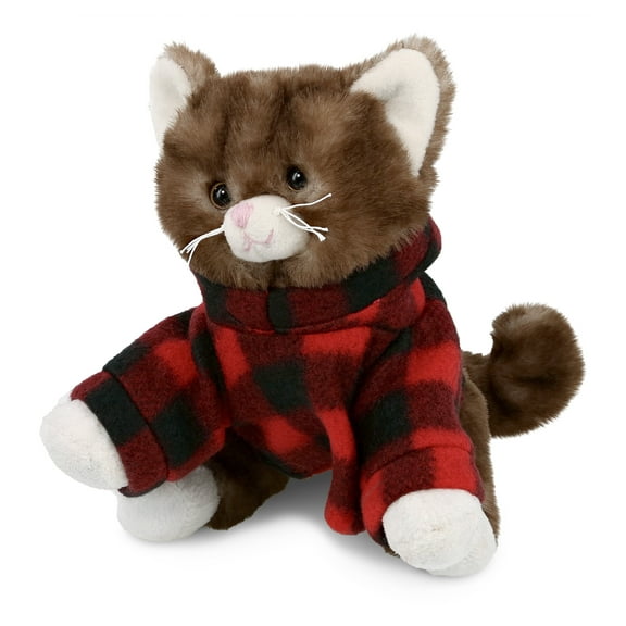 DolliBu Super Soft Brown Cat Stuffed Animal with Plaid Red Hoodie Sweater - Cute Cat Plush Lumberjack Stuffed Toy with Plaid Jacket Dress Up for Christmas, Holiday, Winter - 7 Inches