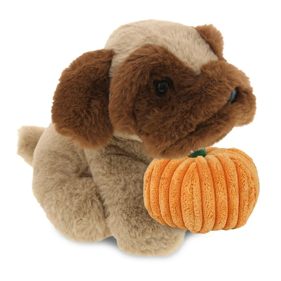 DolliBu Super Soft Brown Pug Dog Stuffed Animal with Pumpkin Plush Decor - Pug Dog Pumpkin Plush Animal for Fall, Halloween and Thanksgiving, Pumpkin Plush Toy for Baby, Kids, Adults - 8 Inches