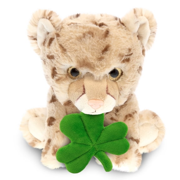 DolliBu Super Soft Cheetah Stuffed Animal with Green Plush Shamrock, Cute Green Shamrock Plush, Fun St Patricks Day Stuffed Animal Cheetah, Good Luck St Patricks Day Toys for Kids, Baby - 12.5 Inches