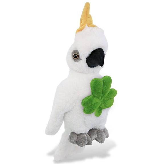 DolliBu Super Soft Cockatoo Stuffed Animal with Green Plush Shamrock, Fun Green Shamrock Plush, Fun St Patricks Day Stuffed Animal Cockatoo, Good Luck St Patricks Day Toys for Kids, Baby - 10 Inch