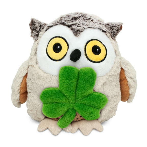 DolliBu Super Soft Fat Brown Owl Stuffed Animal with Green Plush Shamrock, Cute Green Shamrock Plush, Fun St Patricks Day Stuffed Animal Owl, Good Luck St Patricks Day Toys for Kids, Baby - 10 Inches