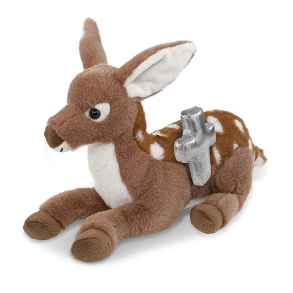 DolliBu Super Soft Fawn Deer Stuffed Animal with Silver Cross Plush - Religious Baptism Gifts for Boys and Girls, Dedication Christening Gifts Plush Prayer Toy Healing Stuffed Animal - 10 Inches
