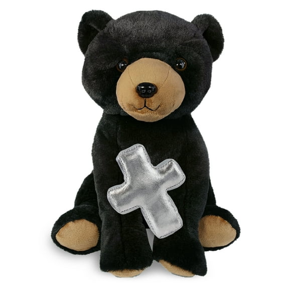 DolliBu Super Soft Floppy Black Bear Stuffed Animal with Silver Cross Plush - Religious Baptism Gifts for Boys and Girls, Dedication Christening Gifts Plush Prayer Toy Healing Stuffed Animal - 9 Inch