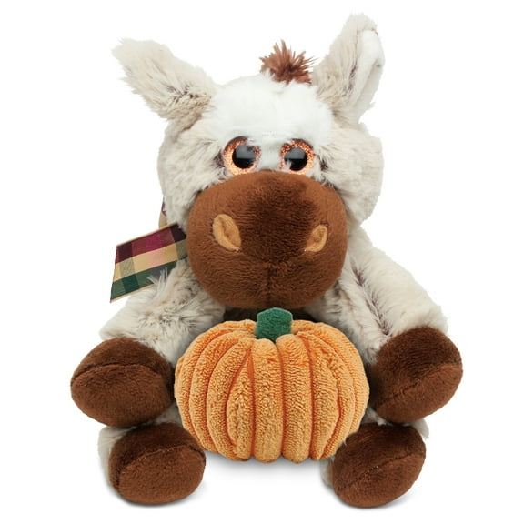 DolliBu Super Soft Floppy Donkey Stuffed Animal with Pumpkin Decor - Pumpkin Plush Animal for Fall, Halloween and Thanksgiving, Pumpkin Toy for Baby, Kids, Adults - 7 Inches