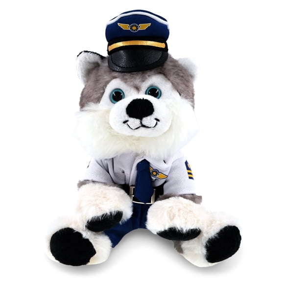 DolliBu Super Soft Floppy Husky Stuffed Animal with Pilot Costume - Cute Pet Husky Dog Plush Toy with Airplane Aviation Uniform Dress Up Set - 7.5 Inches