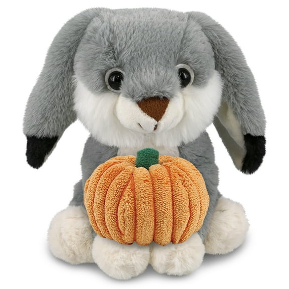 DolliBu Super Soft Gray Rabbit Stuffed Animal with Cute Pumpkin Decor Cute Pumpkin Plush Rabbit Animal for Fall, Halloween and Thanksgiving, Pumpkin Toy for Baby, Kids, Adults 7 Inches