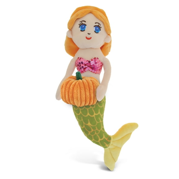 DolliBu Super Soft Green Mermaid Stuffed Animal with Pumpkin Decor - Pumpkin Plush Fantasy Animal for Fall, Halloween and Thanksgiving, Pumpkin Plush Toy for Baby, Kids, Adults - 14 Inches