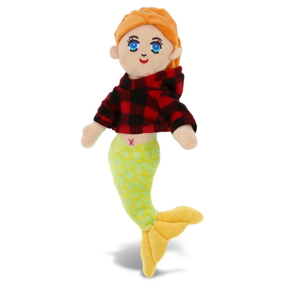 DolliBu Super Soft Green Mermaid Stuffed Doll with Plaid Red Hoodie Sweater - Cute Mermaid Plush Lumberjack Stuffed Toy with Plaid Jacket Dress Up for Christmas, Holiday, Winter - 14 Inches
